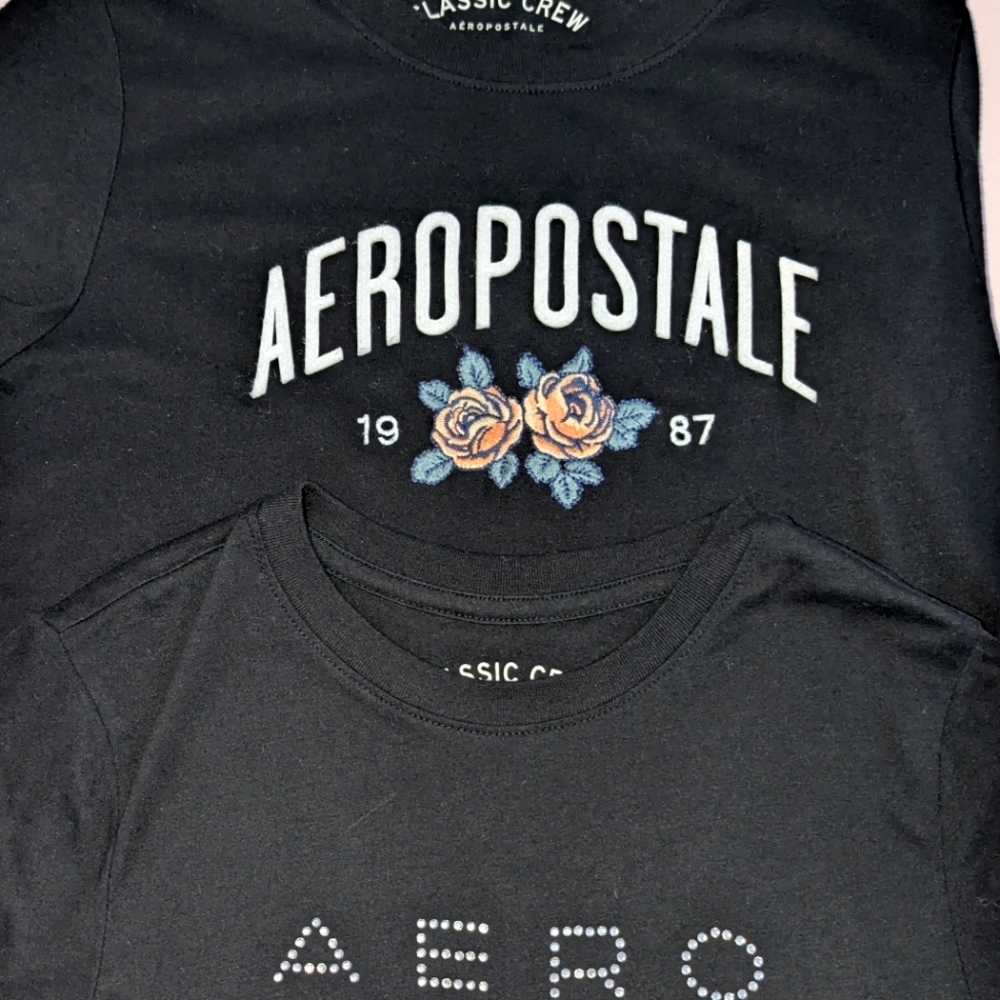 Aeropostale Women's 2 Black Classic Crew Tee with Floral Embroidery